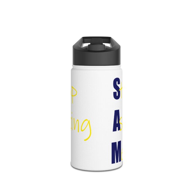 Stainless Steel Water Bottle — Bold Vertical Text Design (yellow script & navy block)