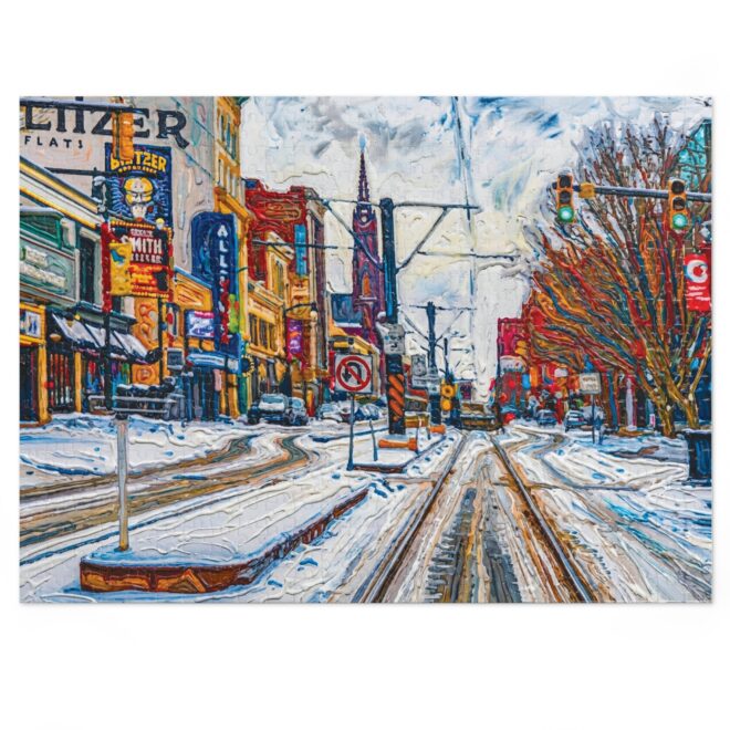 Snowy Main Street Jigsaw Puzzle with Tin — Winter Cityscape Puzzle Gift